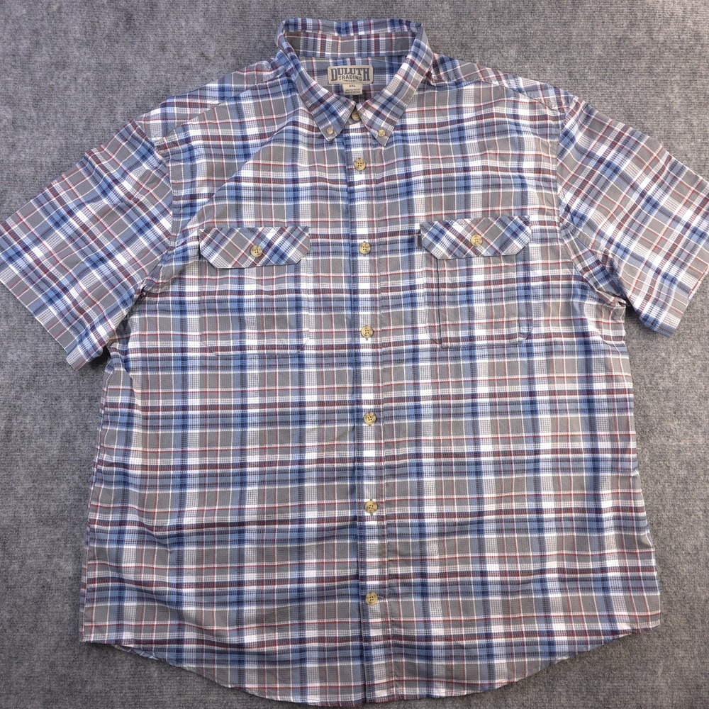 Duluth Trading Shirt 2XL Short Sleeve Blue Gray Plaid Breathable‎ Button Down